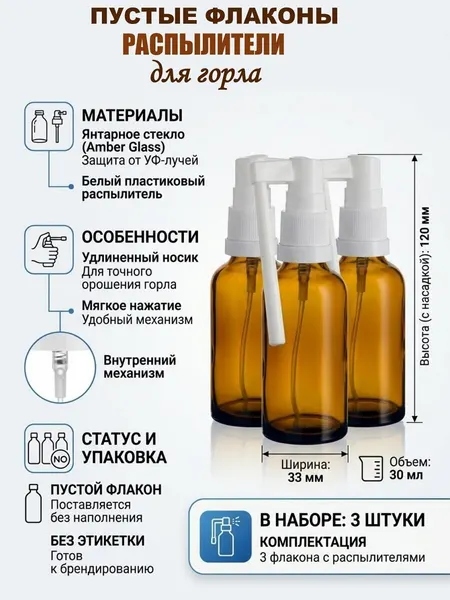 Флакон стеклянный 30 мл коричневый + гортанный спрей-распылитель / Упаковка для спрея, тоника, антисептика
