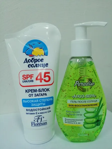 Набор солнцезащитной косметики, Флоресан, водостойкий крем-блок от загара SPF 45 с витамином Е и D-пантенолом 60мл+Гель после солнца Алоэ-вера 150мл