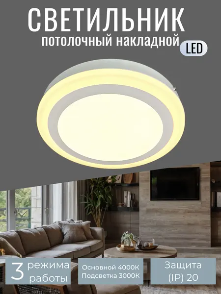 Светильник настенно-потолочный три режима 18+6 Вт, IP44 Elvan