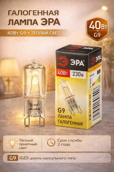 Лампа галогенная 40Вт капсула G9 3000К прозрач G9-JCD-40-230V-CL Эра