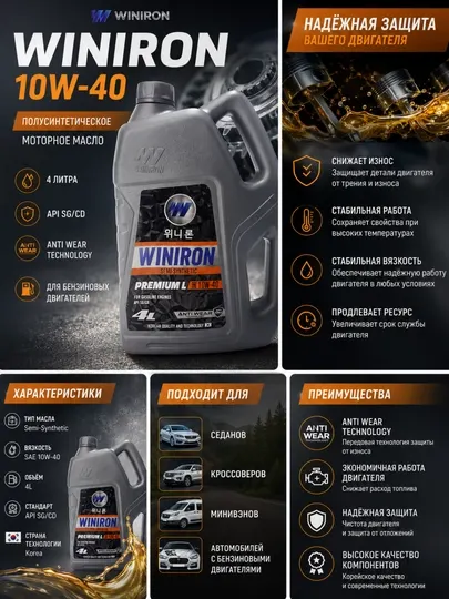 Масло моторное WINIRON 10W-40 Semi Synthetic 4 л для бензиновых двигателей - Моторные масла