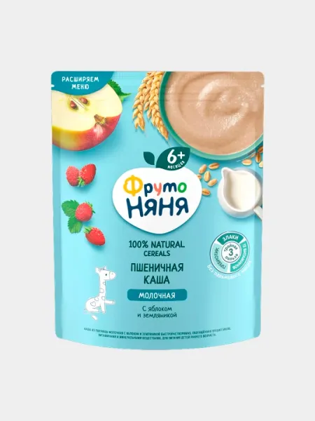 Каша из пшеницы молочная с яблоком и земляникой ФрутоНяня, 190 г - Детские каши