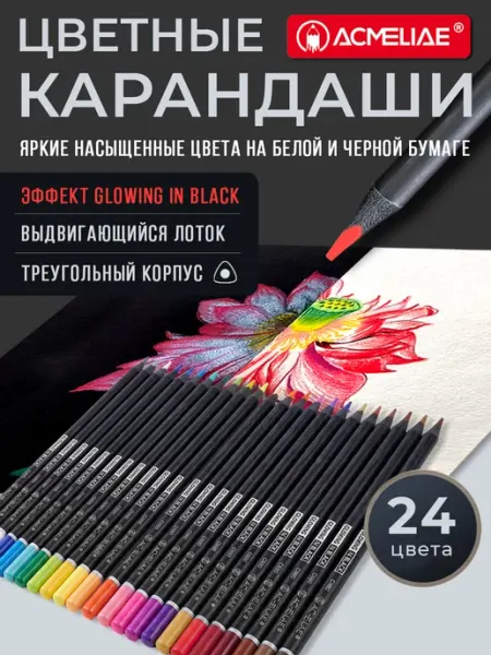 Карандаши цветные 24 цвета черное дерево мягкие ACMELIAE