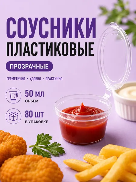 Соусники одноразовые пластиковые с крышкой 50 мл 80 шт, прозрачные