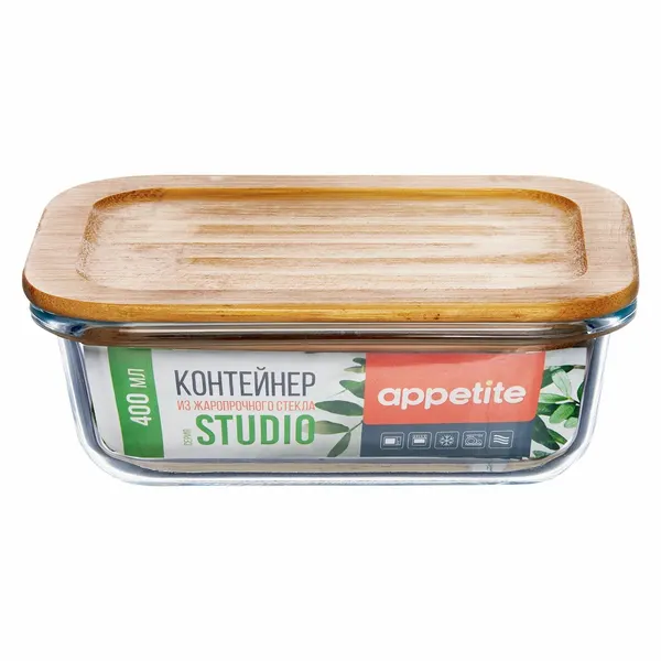 Контейнер стеклянный прямоугольный 400мл с бамбуковой крышкой Studio TM Appetite