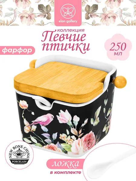 Банка для хранения сыпучих продуктов 250 мл Gallery Певчие птички на черном, с крышкой, с ложкой
