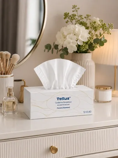 Бумажно косметические салфетки Tellus Premium 12 03 80, 100 листов 2 слоя, 100% целлюлоза - Салфетки