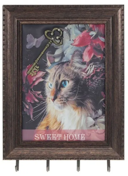 Ключница настенная декоративная с рисунком кота и надписью Sweet Home, 4 крючка, дерево и металл, 220x300x30 мм