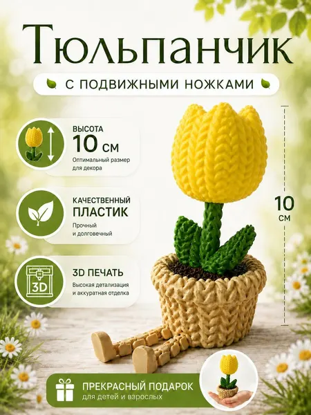 Тюльпан декоративный желтый с подвижными ножками 10 см, 3D-печать, фигурка в горшке