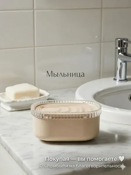 Мыльница с крышкой и дренажем бежевая пластик прямоугольная