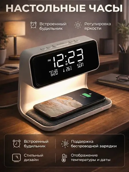 Настольные часы с беспроводной зарядкой и будильником, электронные
