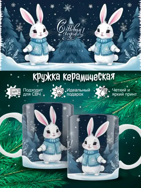 Кружка новогодняя зайчик зимняя детская Ленивая Лиса