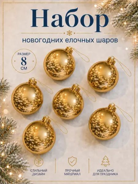 Набор шаров 8 см, пластик, серебряный, глянцевый, 6 шт MERRY GREEN