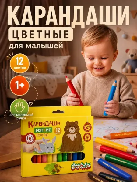 Карандаши цветные для малышей 12 цветов толстые трехгранные КАЛЯКА-МАЛЯКА