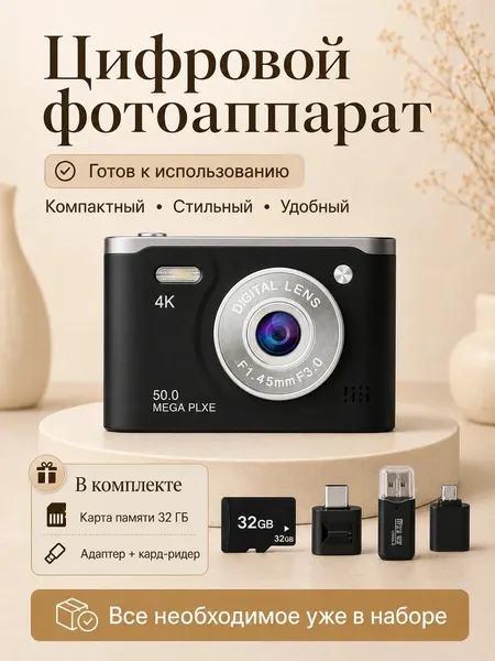 Цифровой фотоаппарат, компактная камера, зум 8x, карта памяти 32 ГБ - Черный