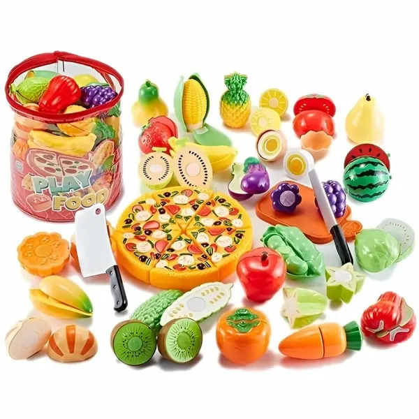 Игровой набор игрушечных пластиковых продуктов 35 предметов для девочек, овощи и фрукты на липучках, ножи и доска в комплекте