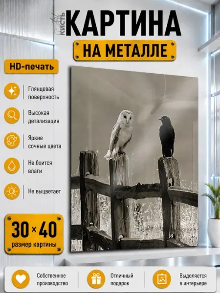 Картина на металле Животные птица ворон и сова филин