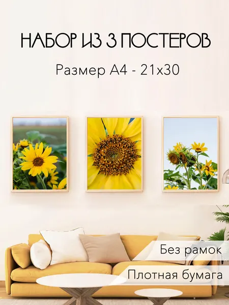 Набор постеров А4 (21х30см) Подсолнухи, 3 штуки, плакаты интерьерные на стену, без рамки, цветы