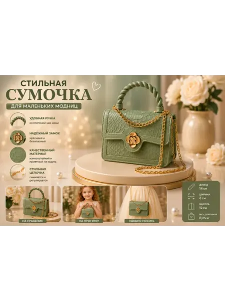 Детская сумочка с плетёной ручкой и золотой цепочкой