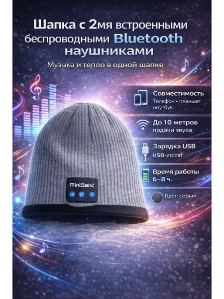Шапка c 2мя встроенными беспроводными Bluetooth наушниками CO&LIN