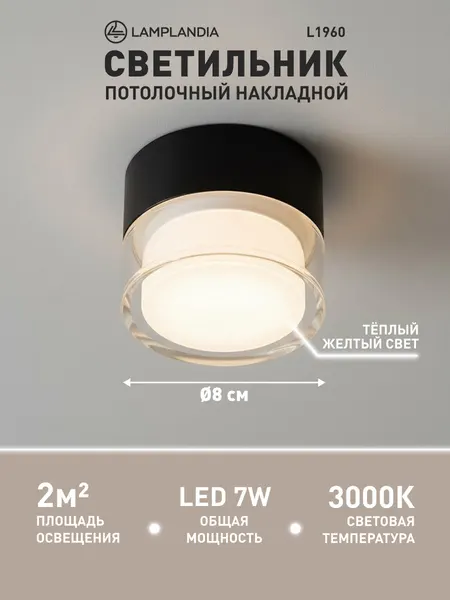Светильник потолочный накладной светодиодный Lamplandia L1960 CYLINDER 3000K BLACK, LED 7W