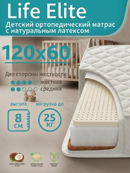 Матрас 120х60 в кроватку с латексом и кокосовой койрой Gloria