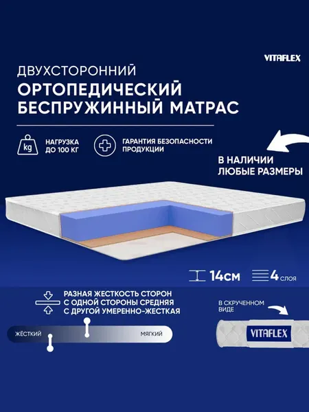 Матрас ортопедический 70х185 Vitaflex Medicine 13V Sk, беспружинный , ППУ, с кокосом, разная жесткость, в рулоне