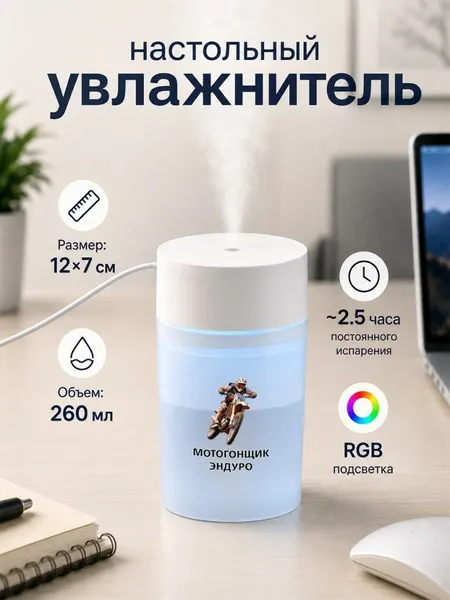 Настольный увлажнитель воздуха 260мл с надписью "лотогонщик эндуро"