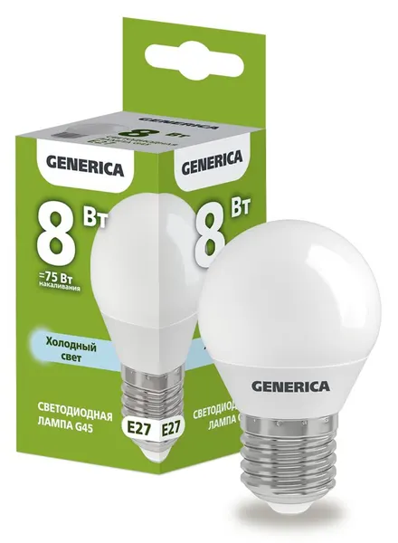 Лампочка Generica G45 8Вт E27, 6500К холодный белый свет, 230В, 800лм, шар, класс A+, IP20