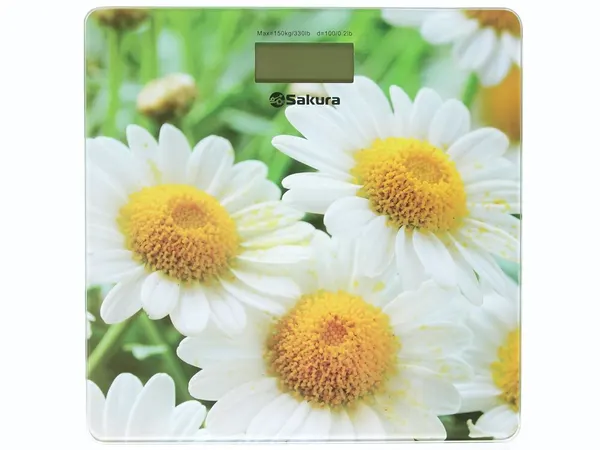Весы напольные электронные Sakura «Ромашки» SA-5072, стекло, нагрузка до 150 кг, платформа 30x30 см, точность 0.1 кг