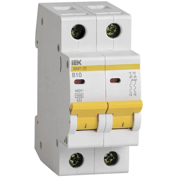 Автоматический выключатель IEK ВА47-29 2Р 10А, 4.5кА, тип В, 400В, 50Гц, IP20, термомагнитный, DIN-рейка
