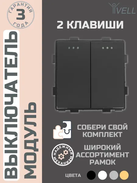 Набор Выключатель двухклавишный Vell 16 А, 54х54 мм, 250 В, модуль, черный {BK-2L} 2 шт