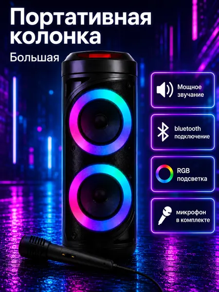 Беспроводная большая блютуз колонка, портативная bluetooth акустика, мощная, с микрофоном караоке, RGB подсветка
