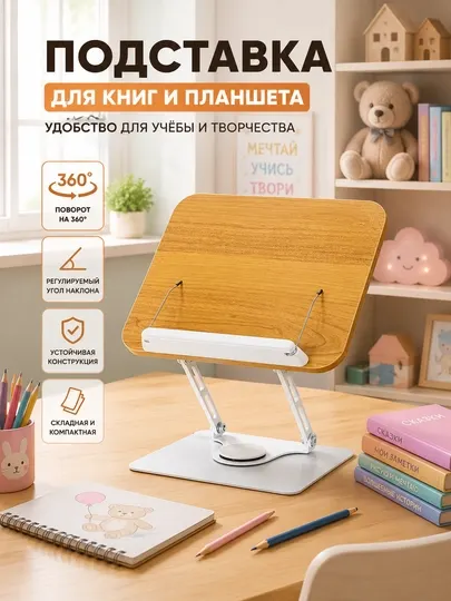 Подставка для книг и планшета регулируемая, складная, поворотная 360° для стола - Подставки для книг