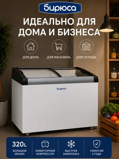 Морозильный ларь Бирюса CF32 с гнутым стеклом, 320 л, инверторный компрессор