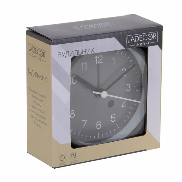 Будильник, 9,4x9,8x4 см, пластик, 1xAA, цвет белый LADECOR CHRONO