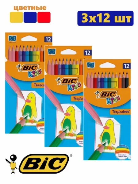 BIG Карандаши цветные Тропиколор Кидс, 12 цветов 3 уп BIC