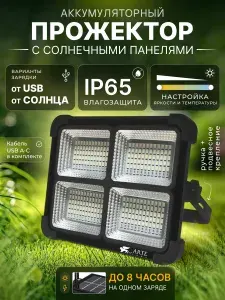 Прожектор уличный аккумуляторный Arte Lamp AVIOR A8100AL-1BK, 5 режимов