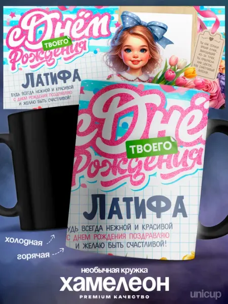 Кружка хамелеон именная Латифа с днем рождения UniCup