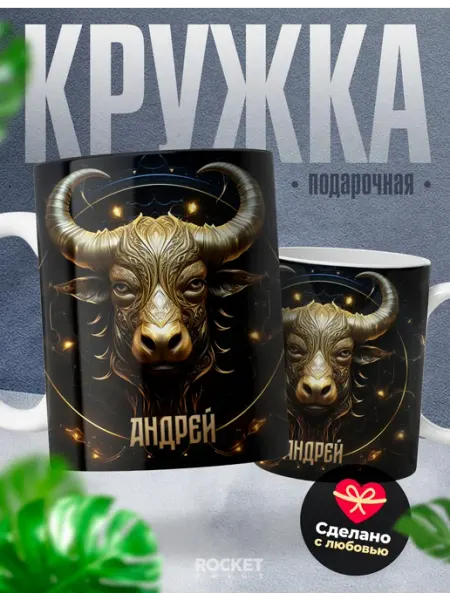 Подарок мужчине знак зодиака кружка именная Андрей Телец Rocket Print