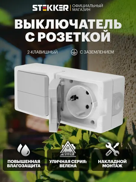 Розетка с заземлением с крышкой / Выключатель двухклавишный, белый-серый, Велена Stekker PST16-21-54V/10-221-54 49739