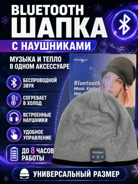 Вязаная шапка с Bluetooth наушниками беспроводная теплая ШИКУ1
