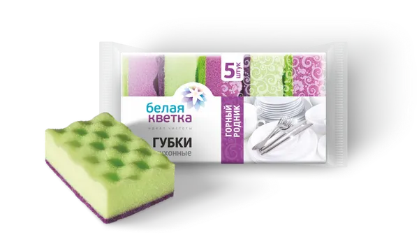 Губка для посуды Белая кветка Горный родник, 95*65*35мм, 5шт