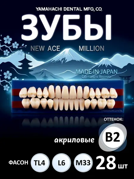 Зубы акриловые, вариант исполнения: NewАсе -двухслойные, Anterior фронтальные верх фасон TL4, низ ф. L6, Million - однослойные, Posterior (фас. M33,) B2; полный гарнитур 28 шт. на планках.