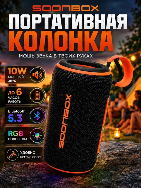 Портативная колонка мини Bluetooth 10 Вт беспроводная музыкальная RGB подсветка USB TF FM Type-C TWS черная