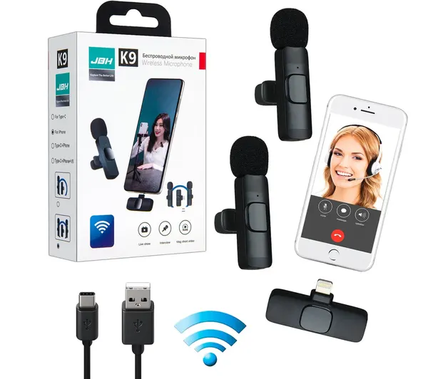 Микрофон петличный беспроводной Microphone K9, Lightning петличка беспроводной, черный.