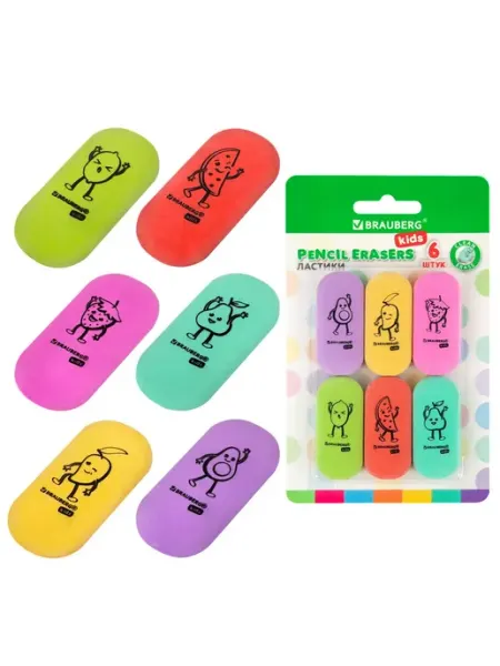 Набор ластиков BRAUBERG KIDS "Фрукты" 6 шт пастельный