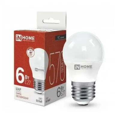 Лампа светодиодная LED-ШАР-VC 6Вт шар 4000К нейтр. бел. E27 570лм 230В IN HOME 4690612020532