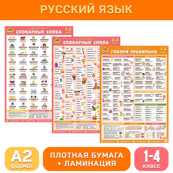 Комплект «Русский язык (1-4 класс)», обучающие плакаты А2 для начальной школы, Делай уроки сам!