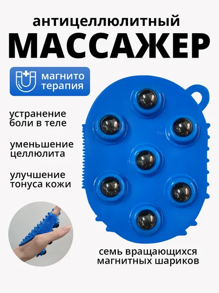 Антицеллюлитный массажер варежка для тела, c крутящимися магнитными шариками, синий